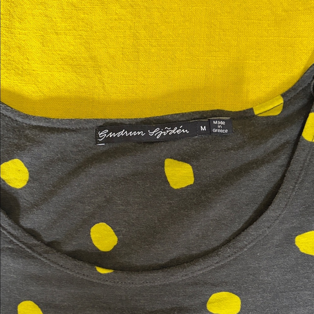 Gudrun Sjoden Yellow Midi Dress with Black Polka Dot Sleeves - Picture 5 of 5